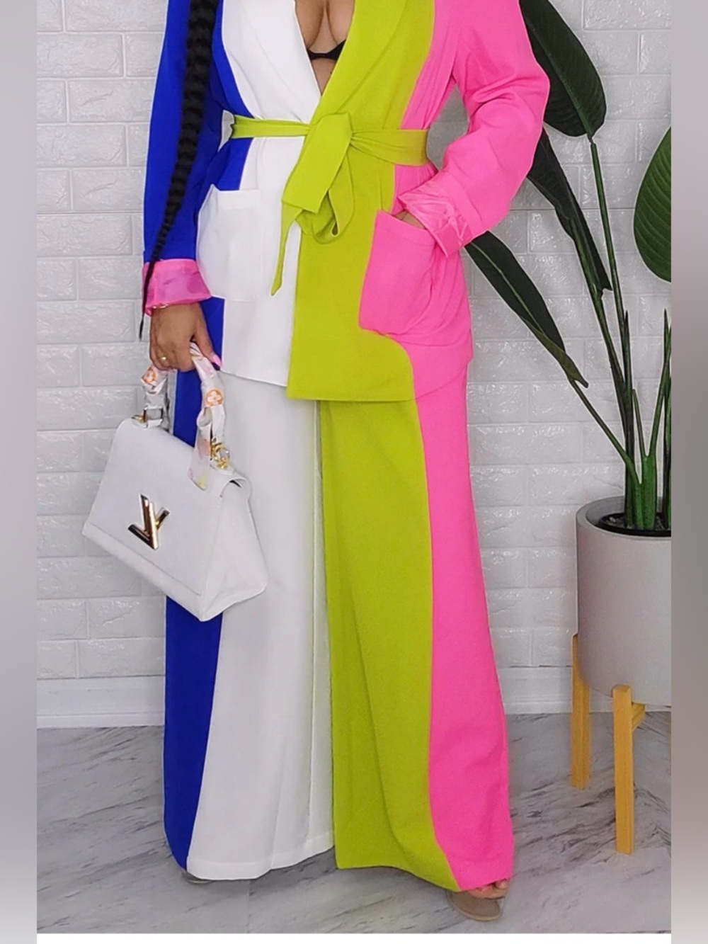 L'ATISTE Lime, Pink, White & Blue Colorblock Wide-Leg Pants - Picture 2 of 9